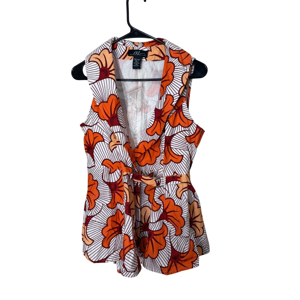 Midnight Velvet Orange Floral Cotton Sleeveless Peplum‎ Wrap Top Small